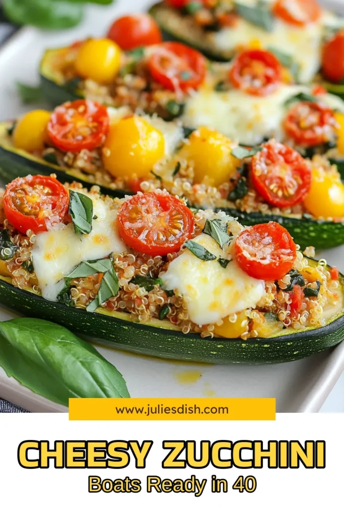 Discover a delicious and healthy zucchini recipe with these stuffed zucchini boats! These quinoa stuffed zucchini are loaded with nutritious ingredients like cherry tomatoes, spinach, and plenty of cheese, making them the perfect vegetarian dish. Try this Parmesan zucchini recipe for a satisfying meal that's easy to make. Don’t miss out—save this recipe for your next family dinner! #StuffedZucchiniBoats #HealthyZucchiniRecipe #VegetarianZucchiniDishes #QuinoaStuffedZucchini