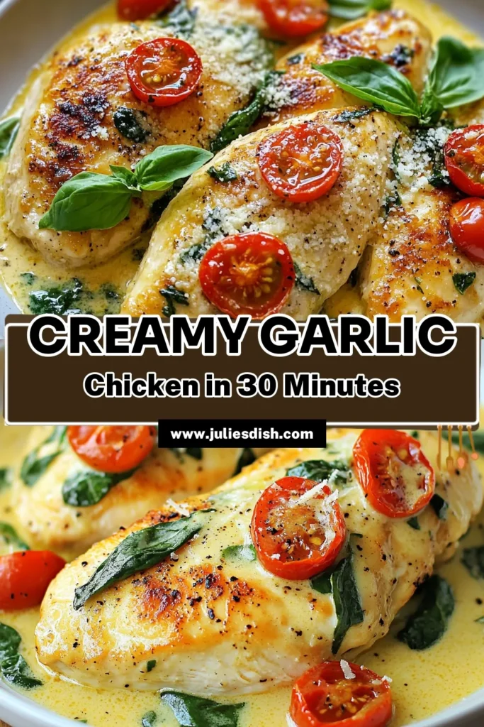 Indulge in this delicious Creamy Garlic Tuscan Chicken, a must-try Tuscan Chicken Recipe that will elevate your dinner game! This Garlic Chicken Dinner features juicy chicken breasts, fresh spinach, and sweet cherry tomatoes, all enveloped in a rich Parmesan cream sauce. Perfect for busy weeknights, this is one of the best Easy Chicken Recipes you’ll ever make. Click to learn how to prepare this wholesome meal! #CreamyGarlicTuscanChicken #GarlicChickenDinner #TuscanChickenRecipe #EasyChickenRecipes