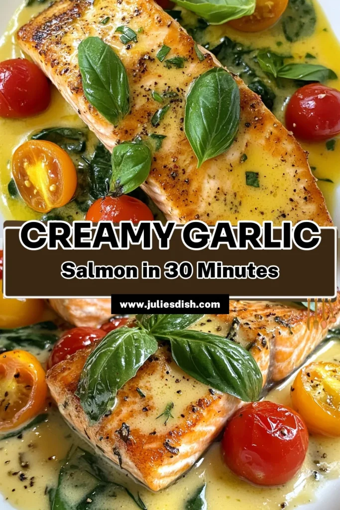 Indulge in this Creamy Garlic Tuscan Salmon recipe that's perfect for an easy salmon dinner! With tender salmon fillets, fresh spinach, and a rich garlic Parmesan sauce, this creamy salmon with spinach will become a family favorite. Ready in just 30 minutes, it's ideal for busy weeknights. Discover how to make this delightful Tuscan Salmon recipe today and impress your loved ones! Save this recipe now! #CreamyGarlicTuscanSalmon #EasySalmonDinner #TuscanSalmonRecipe #GarlicParmesanSalmon