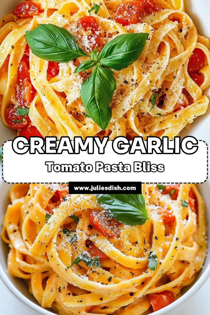Elevate your dinner with this creamy garlic tomato pasta recipe! This easy pasta recipe combines tender linguine and a rich garlic tomato sauce for pasta that's ready in just 25 minutes. Perfect for quick dinner ideas, this dish features a luscious creamy sauce with Parmesan and fresh basil. Try this linguine with creamy tomato sauce tonight and impress your family or guests! Save this recipe for a delicious weeknight meal! #CreamyGarlicTomatoPasta #EasyPastaRecipes #QuickDinnerIdeasPasta #GarlicTomatoSauceForPasta