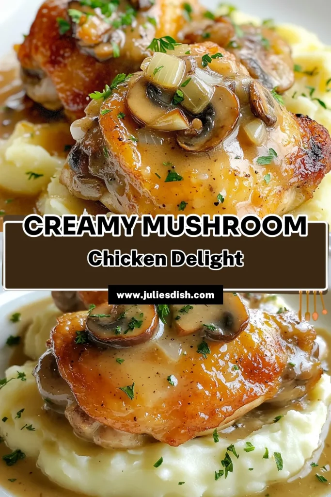 Indulge in these creamy mushroom chicken thighs, perfect for comfort food lovers! This easy chicken dinner features succulent chicken thighs smothered in a hearty mushroom sauce that's sure to impress. With simple ingredients, this dish is a must-try for your collection of chicken thigh recipes. Ready in just 50 minutes, it's the ultimate way to enjoy a cozy meal. Save this recipe for your next dinner! #CreamyMushroomChickenThighs #ComfortFood #EasyChickenDinner #ChickenThighRecipes