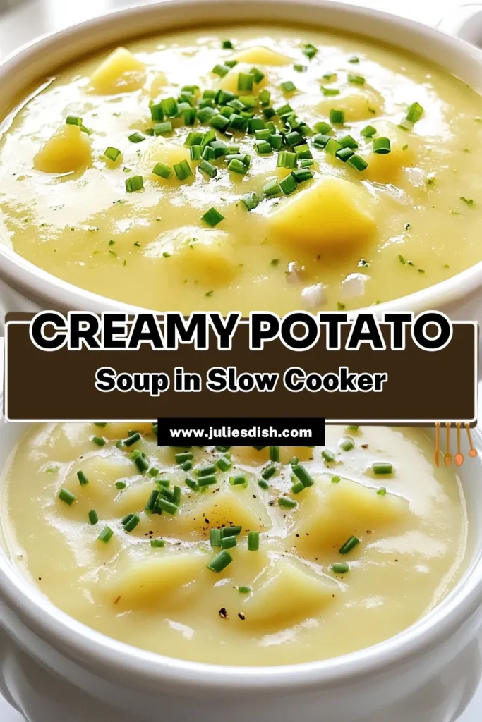 Warm up with this creamy dreamy potato soup that’s both delicious and easy to make! Packed with russet potatoes, garlic, and rich cream, it’s perfect for chilly days. Just toss your ingredients in a slow cooker and let it do the work. You'll love the comforting flavors and simple prep. Click through for the full recipe and make this cozy dish tonight! #PotatoSoup #SlowCookerRecipes #ComfortFood #SoupSeason