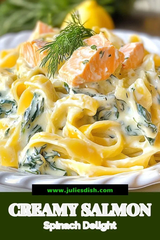 Indulge in this delicious creamy salmon pasta featuring fresh spinach for a delightful dinner. This easy spinach pasta recipe is a perfect example of how salmon fettuccine can transform your weeknight meals into healthy salmon recipes that your family will love. In just 30 minutes, you can enjoy this creamy dish that balances flavor and nutrition. Save this recipe for your next meal! #CreamySalmonPasta #EasyPastaDishes #HealthySalmonRecipes #SpinachPastaRecipe