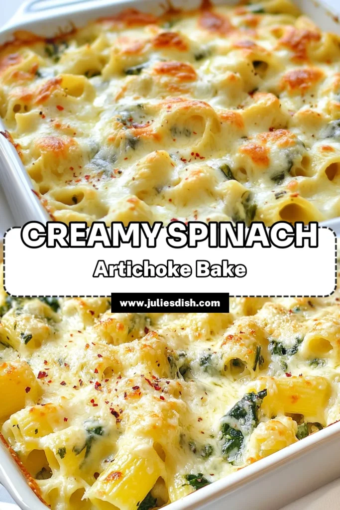 Indulge in this creamy, cheesy delight with our Creamy Spinach Artichoke Pasta Bake recipe! This easy spinach artichoke dish combines tender pasta, fresh spinach, and artichoke hearts, all baked to perfection with rich cheeses. Perfect for family dinners, this comfort food pasta bake is a guaranteed crowd-pleaser. Click to discover how to make your own and save this recipe for later! #PastaBake #SpinachArtichoke #ComfortFood #EasyRecipes