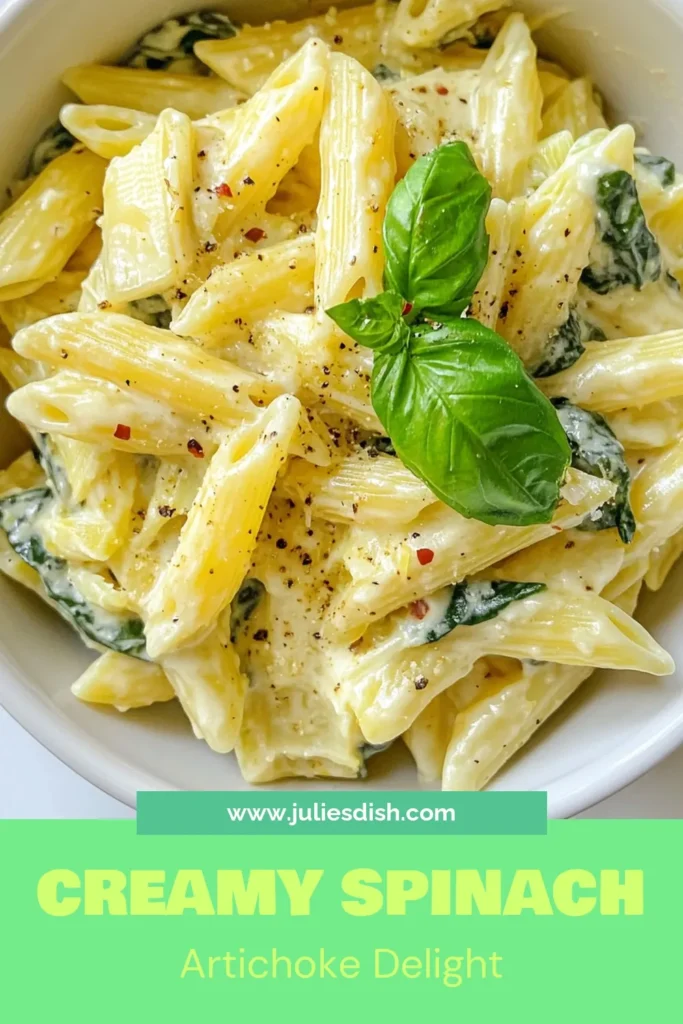 Indulge in this easy spinach artichoke recipe for a perfect weeknight meal! Our creamy spinach artichoke pasta combines tender pasta with artichokes and fresh spinach in a decadent sauce. This creamy pasta dish is not only delicious but also quick to prepare in just 30 minutes. Try this spinach artichoke dinner recipe that your family will love! Save and share for a tasty dinner tonight! #CreamyPasta #SpinachArtichoke #EasyDinner #PastaRecipe