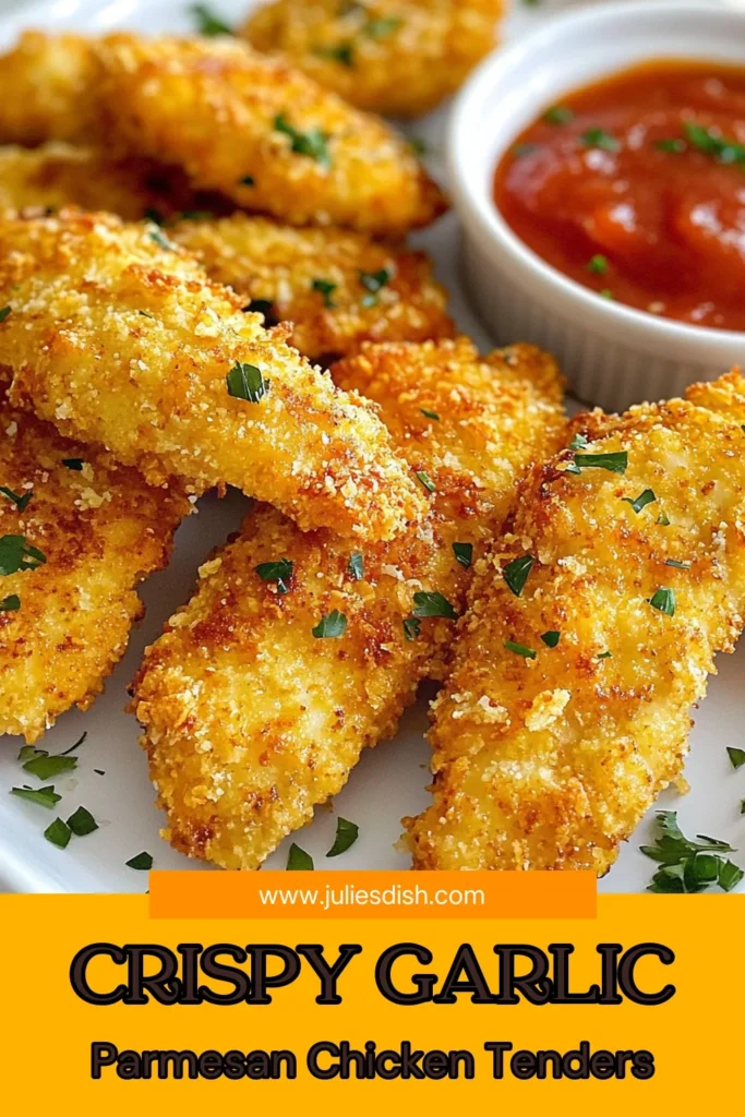 Looking for a delicious and easy dinner? These Garlic Parmesan Chicken Tenders are perfect! This Baked Chicken Tenders Recipe features crispy Panko Chicken Tenders coated in a flavorful garlic and Parmesan mix. Whip up these Easy Chicken Dinner Recipes for a tasty family meal in just 30 minutes. Enjoy with your favorite dipping sauce! Click to discover this simple recipe and save it for later! #GarlicParmesanChickenTenders #ChickenDinner #BakedChicken #CrispyChickenTenders