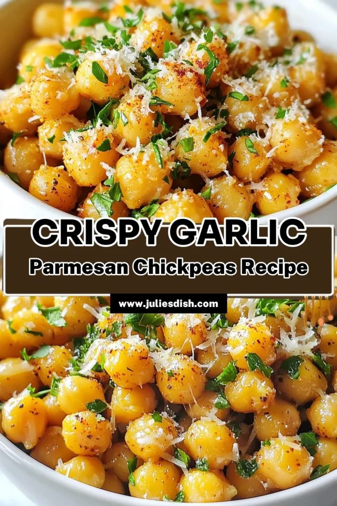 Discover the ultimate healthy snack recipe with these Crispy Garlic Parmesan Roasted Chickpeas! Perfectly baked chickpeas with garlic and topped with Parmesan, these vegan chickpea snacks are delicious and satisfying. Easy to make in just 35 minutes, they're perfect for munching any time. Try this simple recipe today and elevate your snacking game! Save this for later! #VeganSnacks #HealthyRecipes #Chickpeas #SnackIdeas
