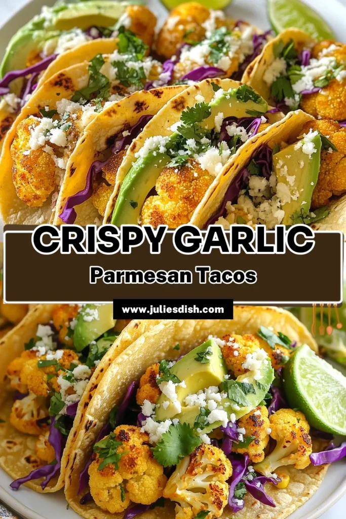 Savor the deliciousness of Garlic Parmesan Roasted Cauliflower Tacos! This easy taco recipe features roasted cauliflower, making a healthy vegetarian taco filling that's bursting with flavor. Ideal for any meal, our Roasted Cauliflower Tacos Recipe is perfect for those seeking nutritious options. Try this simple dish that everyone will love. Don't forget to pin for later! #VegetarianTacos #HealthyTacos #EasyTacoRecipe #CauliflowerTacos
