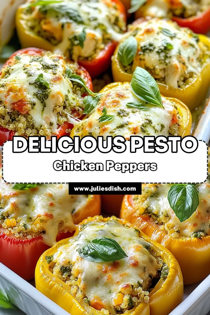Discover the deliciousness of pesto chicken stuffed peppers with this healthy stuffed peppers recipe! These bell pepper chicken casseroles are packed with shredded chicken, basil pesto, and easy quinoa for a nutritious meal. Topped with melted mozzarella cheese, these baked peppers are a crowd-pleaser. Perfect for meal prep or family dinners. Try this recipe and enjoy a wholesome delight! Save for later! #PestoChickenStuffedPeppers #HealthyStuffedPeppers #BellPepperChickenCasserole #EasyQuinoaStuffedPeppers