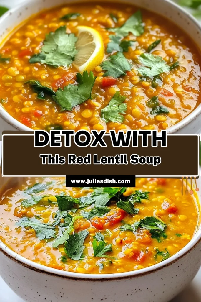 Discover the ultimate Red Lentil Detox Soup that's not only delicious but also a nourishing Vegan red lentil soup perfect for any meal! This healthy lentil soup is packed with flavors and nutrients from spinach and spices, making it a great choice for detoxing. Follow this easy red lentil soup recipe for a quick and satisfying dish. Your body will thank you! Save this Detox soup with lentils for your healthy meal ideas! #RedLentilSoupRecipe #DetoxSoup #HealthyLentilSoup #VeganRecipes