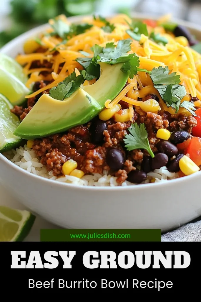 Create a delicious and satisfying meal with this ground beef burrito bowl! This easy burrito bowl recipe is not only quick, taking just 30 minutes, but it's also a healthy burrito bowl packed with flavors. Using just one skillet, you can easily whip up this tasty dish that’s perfect for busy weeknights. Ready to impress your family? Save this quick dinner recipe for your next meal! #GroundBeefBurritoBowl #HealthyDinner #OneSkilletRecipes #EasyBurritoBowls