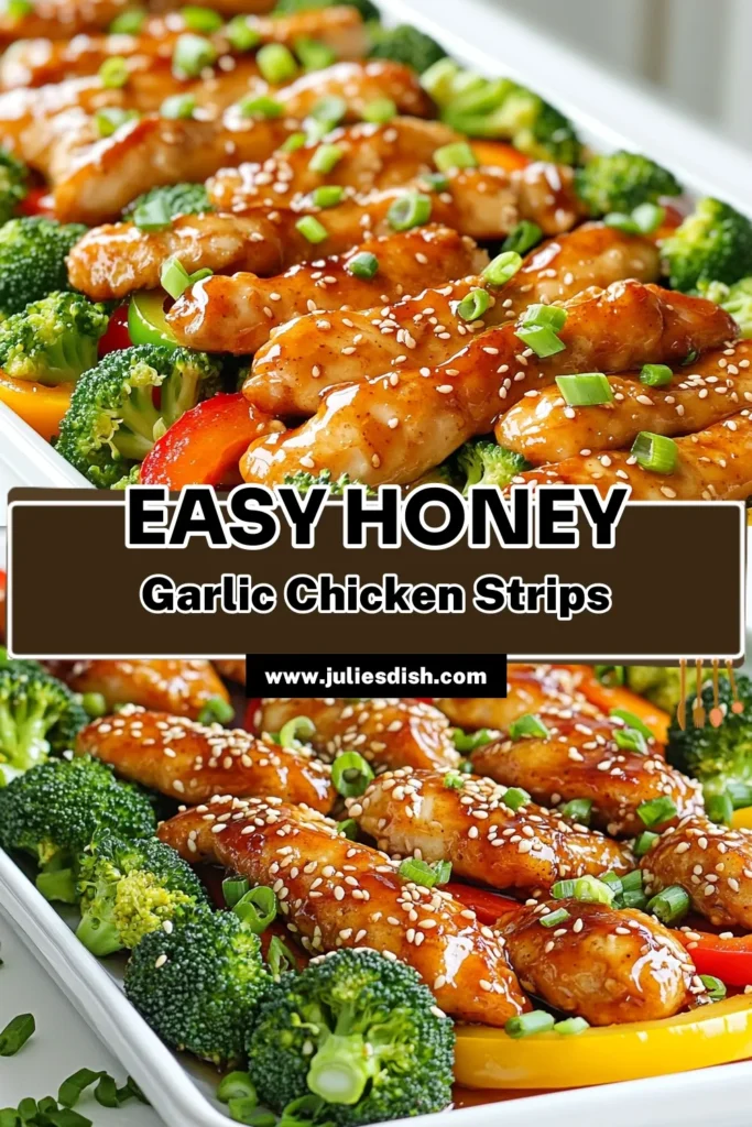 Get ready to impress with this easy Sheet Pan Honey Garlic Chicken Strips recipe! Perfect for a quick weeknight dinner, this dish combines tender chicken strips with fresh veggies in a delicious honey garlic marinade. It's a one-pan meal that's simple to prepare and packed with flavor. Click through for the full recipe and get cooking tonight! #SheetPanRecipes #HoneyGarlicChicken #EasyDinner #OnePanMeals