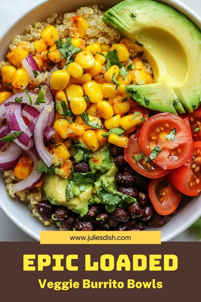 Discover the ultimate loaded veggie burrito bowls that are both satisfying and healthy! This quinoa burrito bowl recipe is perfect for a quick meal, packed with black beans, corn, bell peppers, and topped with creamy avocado. Enjoy a delicious plant-based burrito bowl that will delight your taste buds. Try this healthy burrito bowl recipe today, and make meal prep a breeze. Save and share for later! #VeggieBurritoBowls #QuinoaBurritoBowlRecipe #LoadedVeggieBowls #HealthyBurritoBowlRecipe