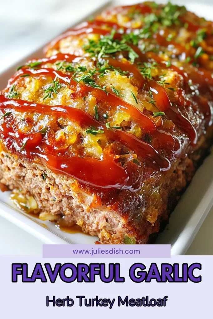 Enjoy a delicious and nutritious meal with this Garlic Herb Turkey Meatloaf! This healthy turkey meatloaf recipe features ground turkey infused with fresh herbs like parsley and thyme, making it a savory option for any easy turkey meatloaf dinner. Complete your dish with delectable savory turkey meatloaf toppings like ketchup or BBQ sauce. Try it today for a hearty dinner that the whole family will love! Save this recipe now! #TurkeyMeatloaf #HealthyRecipes #DinnerIdeas #EasyMeals