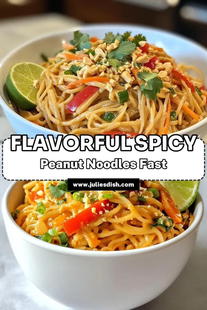 Savor the flavors of this easy spicy peanut noodles recipe! Perfect for a quick Asian noodle dish, these gluten-free peanut noodles are made with rice noodles and a delightful easy peanut sauce recipe. Packed with vibrant veggies and topped with crunchy peanuts, it's a meal that's both satisfying and delicious. Try it today and enjoy the spice! Save this recipe for your next dinner inspiration. #SpicyPeanutNoodles #GlutenFreeRecipes #EasyDinner #AsianCuisine