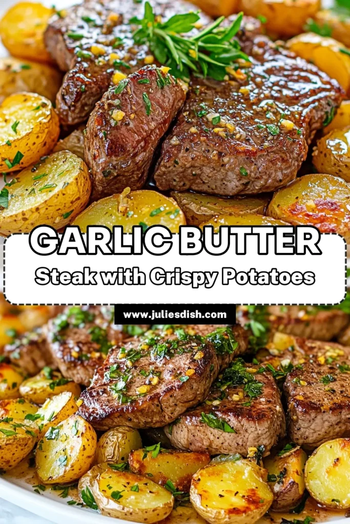 Savor the flavors of this easy garlic butter steak recipe with our Garlic Butter Steak and Potatoes Skillet! This one-pan steak and potatoes dish features tender sirloin steak and crispy baby potatoes, all cooked in a rich garlic butter sauce. Perfect for a quick weeknight dinner, this sirloin steak skillet dinner is sure to impress. Try it tonight, and don’t forget to save for later! #GarlicButterSteak #SkilletDinner #OnePanMeals #EasyRecipe