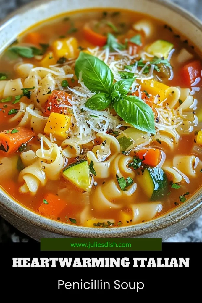 Discover the comforting flavors of Italian Penicillin Soup, a healthy Italian soup packed with fresh vegetables and whole wheat pasta! This easy Italian recipe is perfect for cozy nights and is sure to delight your family. With a mix of nutritious ingredients and simple steps, you'll have a delicious veggie-packed meal ready in no time. Save this recipe for a delightful vegetable soup experience! #ItalianPenicillinSoup #HealthyItalianSoup #WholeWheatPastaSoup #VegetableSoupRecipes