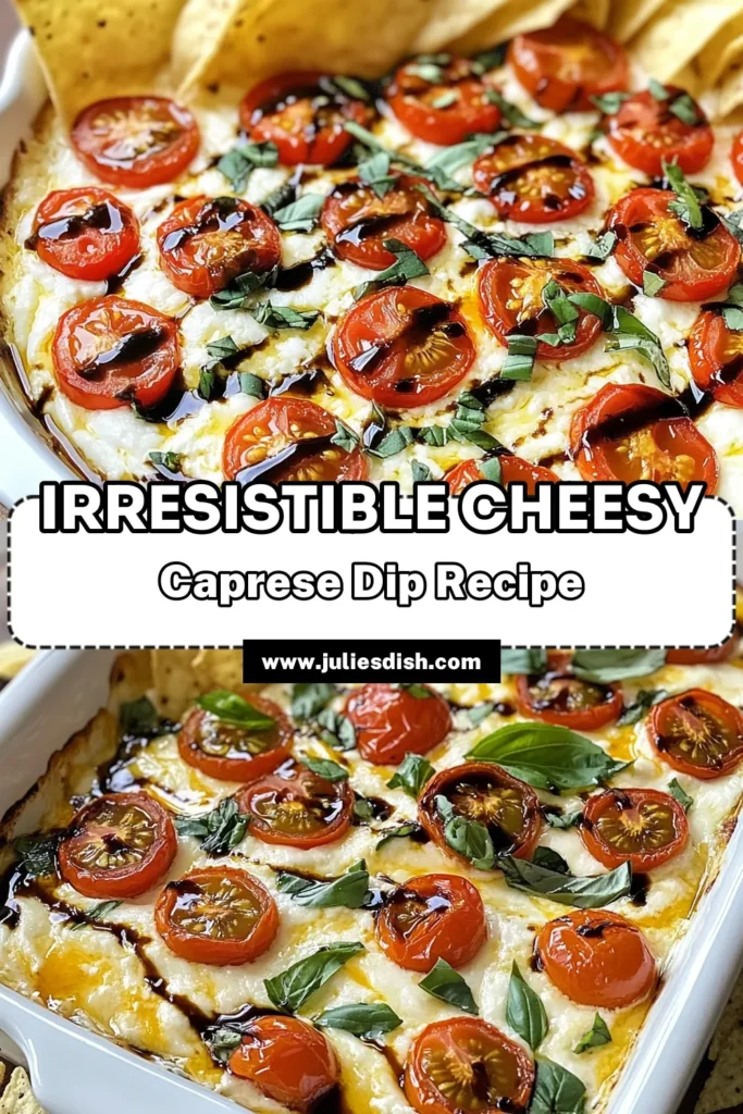 Indulge in this delicious Cheesy Caprese Dip, perfect for parties and gatherings! This easy appetizer dip combines cream cheese and mozzarella in a creamy tomato dip that everyone will love. Follow this baked Caprese dip recipe for a gooey, cheesy delight topped with fresh basil and balsamic glaze. Serve with tortilla chips or toasted baguette slices for the ultimate snacking experience. Save this recipe for your next gathering! #CheesyCapreseDip #EasyAppetizer #MozzarellaCheeseDip #CreamyTomatoDip