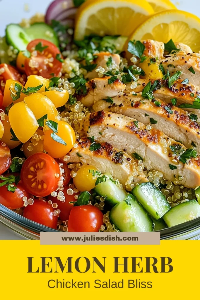 Discover the vibrant flavors of our Lemon Herb Quinoa Chicken Salad! This chicken quinoa salad recipe combines protein-packed quinoa with tender chicken and fresh veggies for a delightful Mediterranean quinoa salad. Perfect for healthy lunches or dinners, this salad features zesty lemon and aromatic herbs. Try this delicious and healthy quinoa recipe today! Save and share for your next meal prep! #HealthyRecipes #QuinoaSalad #MediterraneanDiet #ChickenSalad