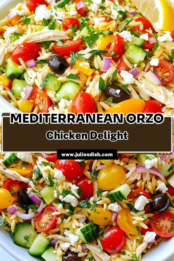 Discover the vibrant flavors of this Mediterranean Orzo Salad with Chicken, an easy orzo pasta salad that's perfect for any meal. Packed with juicy chicken, fresh vegetables, and delicious feta cheese, this healthy Mediterranean salad is a tasty twist on the classic chicken salad recipe. Enjoy a nutritious dish that's ready in just 30 minutes! Save this recipe and impress your friends with a healthy burst of flavor. #OrzoSalad #HealthyRecipes #MediterraneanDiet #FetaCheese