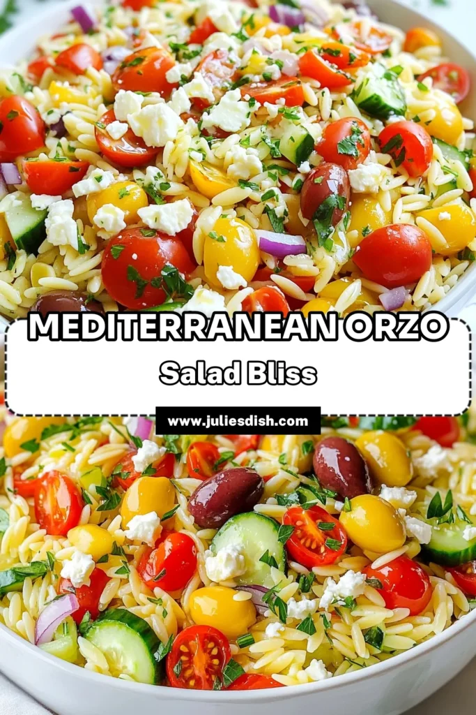 Try this refreshing Mediterranean orzo salad with feta for a healthy Mediterranean salad that's perfect for any occasion! This quick orzo salad recipe combines tender orzo pasta, vibrant veggies, and delicious Kalamata olives for a burst of flavor. Perfectly paired with crumbled feta cheese, this feta orzo pasta recipe is a must-try! Save this Mediterranean salad with olives for your next gathering! #OrzoSalad #MediterraneanDiet #HealthyEating #FetaCheese