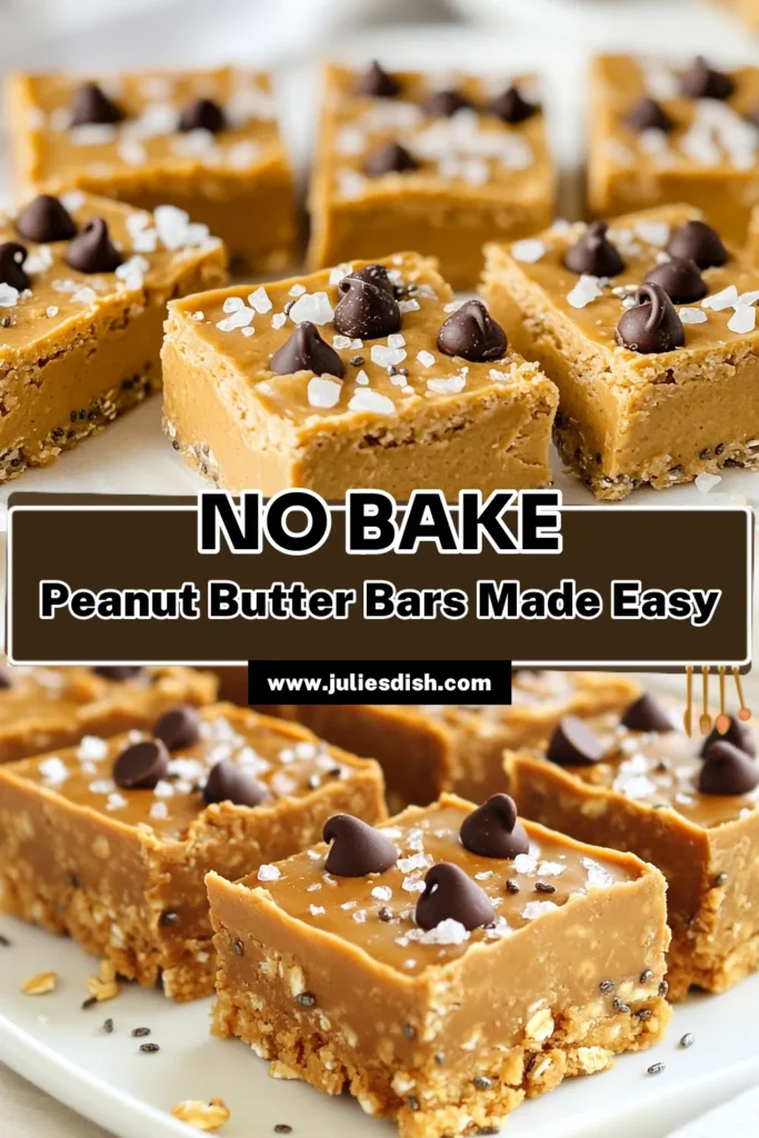 Indulge in these delicious no bake peanut butter bars that are perfect for a healthy peanut butter dessert! Easy to make, these no bake snacks combine creamy peanut butter, oats, and protein powder for a tasty treat. Packed with nutrition, they also feature simple chia seed bars to boost your energy. Make this protein bars recipe for a guilt-free snack that's ready in just 15 minutes! Save the recipe today and enjoy! #NoBakePeanutButterBars #HealthyDessert #EasySnacks #ChiaSeedBars