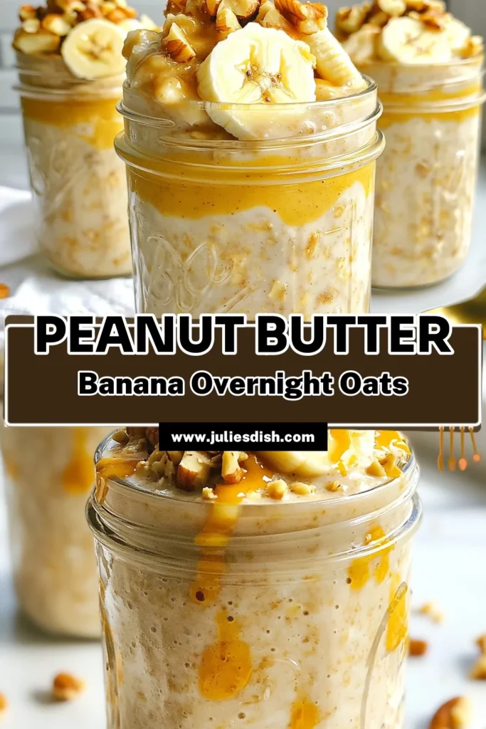 Start your day with these delicious Peanut Butter Banana Oats! This Overnight Oats Recipe combines creamy peanut butter and ripe bananas for a healthy breakfast idea that’s vegan and easy to prepare. Perfect for a quick breakfast prep, these Vegan Oatmeal Jars are not only nutritious but also super satisfying. Enjoy a convenient meal that’s packed with flavor! Save this recipe for your morning routine! #HealthyBreakfast #OvernightOats #VeganOatmeal #QuickBreakfast