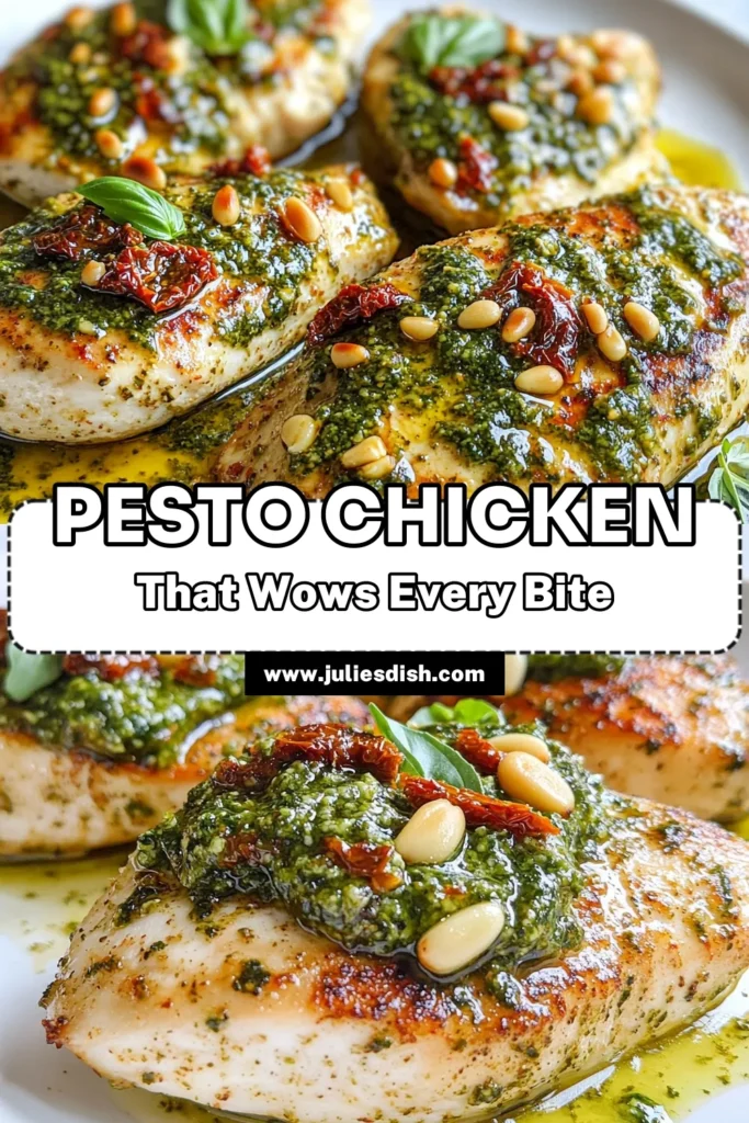 Discover a delicious and easy chicken recipe with Sun-Dried Tomato Pesto Chicken! This healthy dinner idea features tender chicken breasts topped with homemade basil pesto, sun-dried tomatoes, and toasted pine nuts. Perfect for a Mediterranean chicken dish, it’s both flavorful and satisfying. Impress your family tonight with this quick meal! Save this recipe for your weeknight dinners! #EasyChickenRecipes #HealthyDinnerIdeas #MediterraneanChicken #BasilPestoChicken