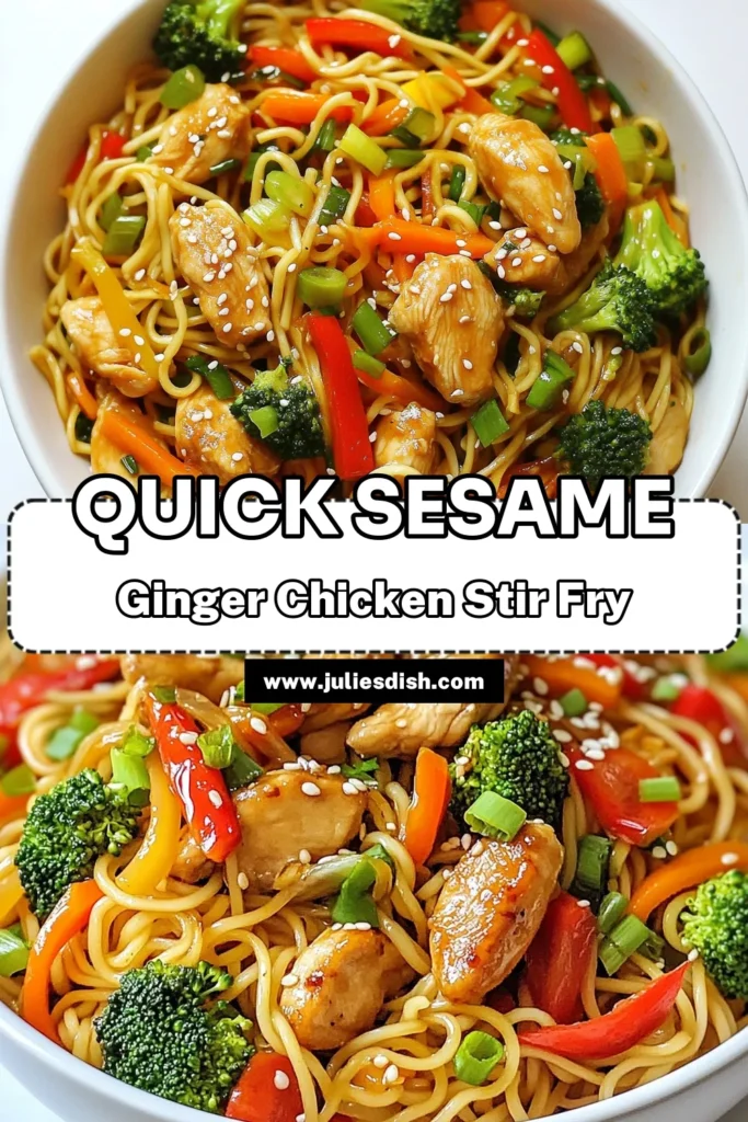 Savor the delicious flavors of our Sesame Ginger Chicken Noodle Stir Fry, a quick Asian noodle dish perfect for busy nights! This easy chicken noodle recipe features tender chicken, vibrant vegetables, and a savory sesame oil chicken recipe that's both healthy and satisfying. In just 30 minutes, you can create a nutritious meal that your family will love. Save this recipe for a delightful weeknight dinner! #SesameGingerChickenStirFry #HealthyStirFry #QuickAsianNoodleDish #EasyChickenNoodleRecipe