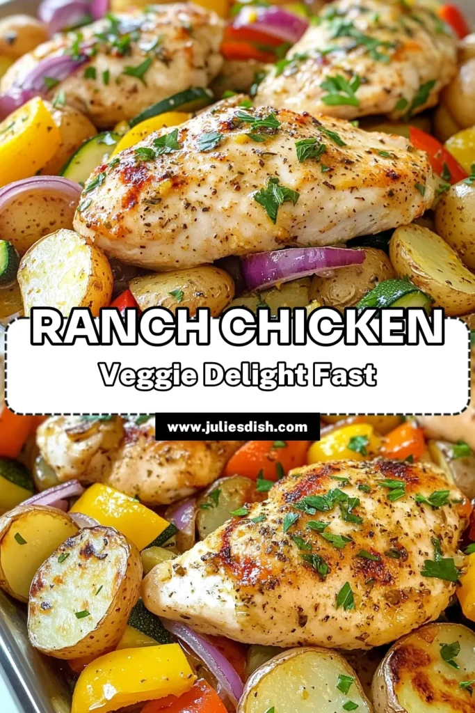 Looking for an easy ranch chicken recipe? Try this Ranch Chicken and Veggie Sheet Pan meal for a healthy chicken dinner that’s not only delicious but also a breeze to prepare! Baked chicken and veggies come together in one pan, making cleanup a snap. Enjoy tender chicken combined with colorful vegetables, all flavored with zesty ranch seasoning. Perfect for busy weeknights! Save this recipe for your next meal! #HealthyDinner #EasyRanchChicken #OnePanRecipe #BakedChickenVeggies
