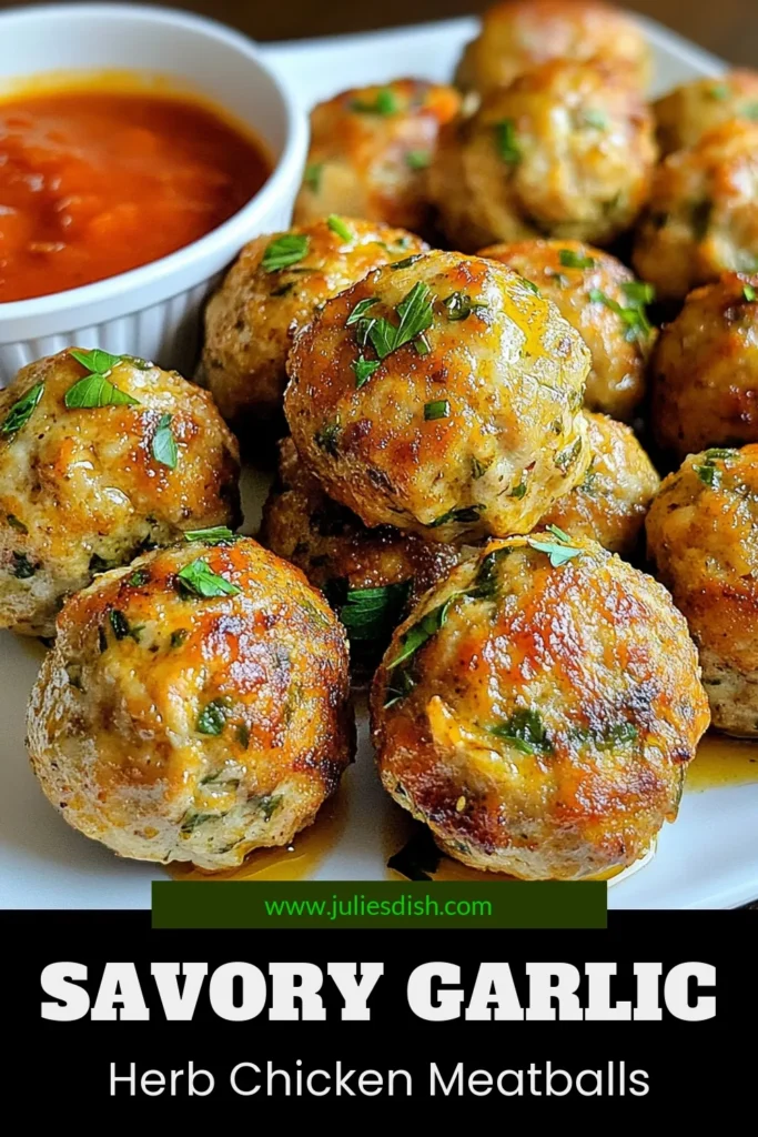 Looking for a delicious and healthy dinner option? Try these Garlic Herb Chicken Meatballs! This easy ground chicken meatballs recipe uses fresh herbs and garlic for a flavor-packed dish that's perfect for any occasion. They're not only tasty but also fit into healthy meatball recipes. Serve them with marinara sauce over pasta or as an appetizer! Save this recipe for a quick weeknight meal. #GarlicHerbChickenMeatballs #EasyChickenMeatballs #HealthyRecipes #GroundChickenMeatballs