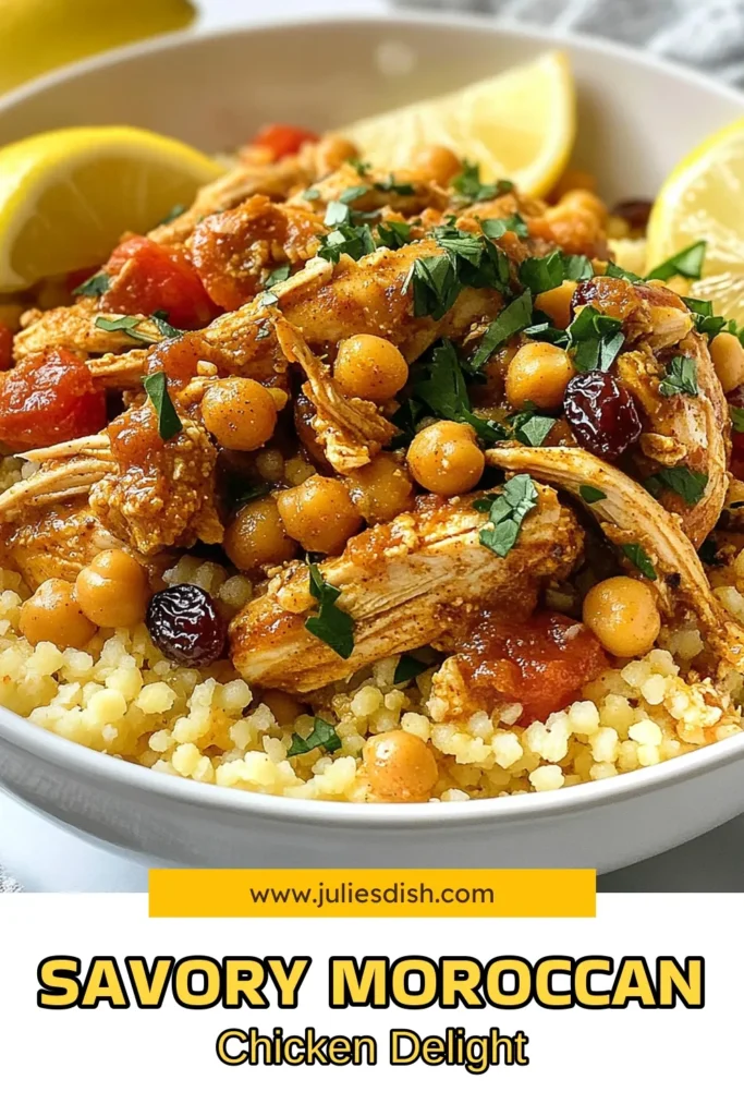 Discover a delightful Moroccan chicken recipe that's perfect for an easy Moroccan dinner! This comforting couscous chicken dish combines tender chicken, chickpeas, and fragrant spices for a healthy Moroccan cuisine experience. Enjoy a delicious chickpea and chicken stew served over fluffy couscous. Ready in just 55 minutes, it's ideal for busy weeknights. Save this recipe for a taste of Morocco tonight! #MoroccanChicken #EasyDinner #HealthyRecipes #CouscousDish