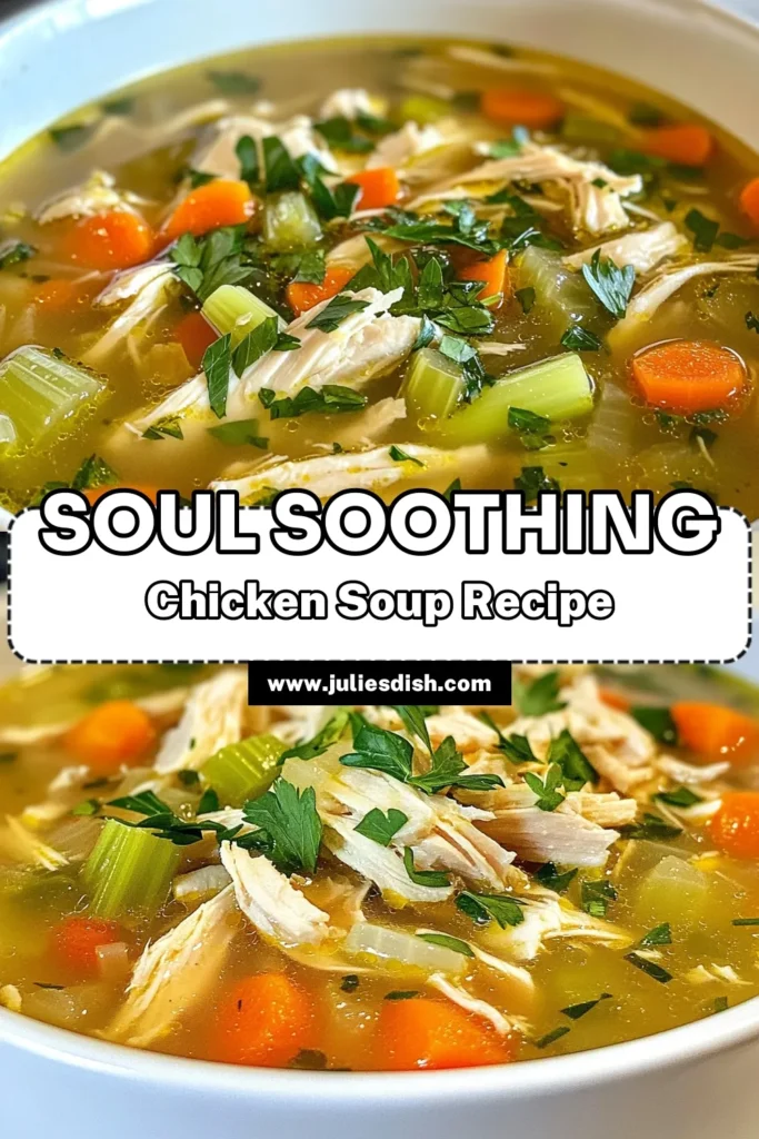 Warm up with this comforting chicken soup! This homemade chicken soup recipe is not only easy to follow but packed with hearty ingredients like chicken and fresh vegetables. Perfect for chilly days, this easy chicken soup recipe will become a family favorite! Follow these simple steps to create a delicious chicken soup with vegetables that warms the soul. Try it tonight and experience the cozy flavors. Save this recipe for later! #ChickenSoup #HomemadeRecipe #ComfortFood #EasyRecipes