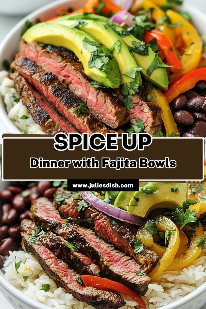 Discover the deliciousness of Chili Lime Steak Fajita Bowls, a healthy fajita bowl meal that's easy to prepare! This Steak Fajita Bowls Recipe features marinated flank steak and colorful veggies, making it perfect for any occasion. Enjoy this easy fajita bowl recipe loaded with flavor and nutrition. Don't miss out—try it today and elevate your mealtime! Save for later! #ChiliLimeSteakFajitas #SteakFajitaBowls #HealthyFajitaBowl #EasyFajitaRecipe