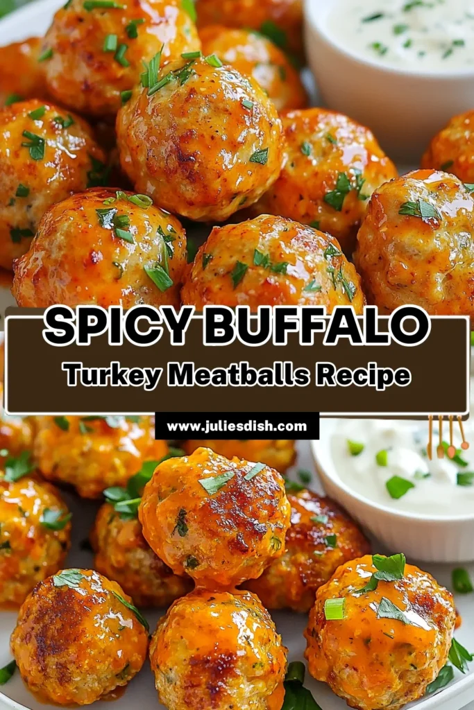 Looking for a tasty twist on dinner? Try this Buffalo turkey meatballs recipe! These healthy turkey meatballs are made with ground turkey and are perfect for a quick weeknight meal. With easy buffalo meatballs baked to perfection, they're not only delicious but also guilt-free. Serve with ranch or blue cheese dressing for dipping and enjoy a protein-packed treat. Pin this recipe for your next meal! #BuffaloTurkeyMeatballs #HealthyTurkeyMeatballs #EasyBuffaloMeatballs #GroundTurkeyRecipes