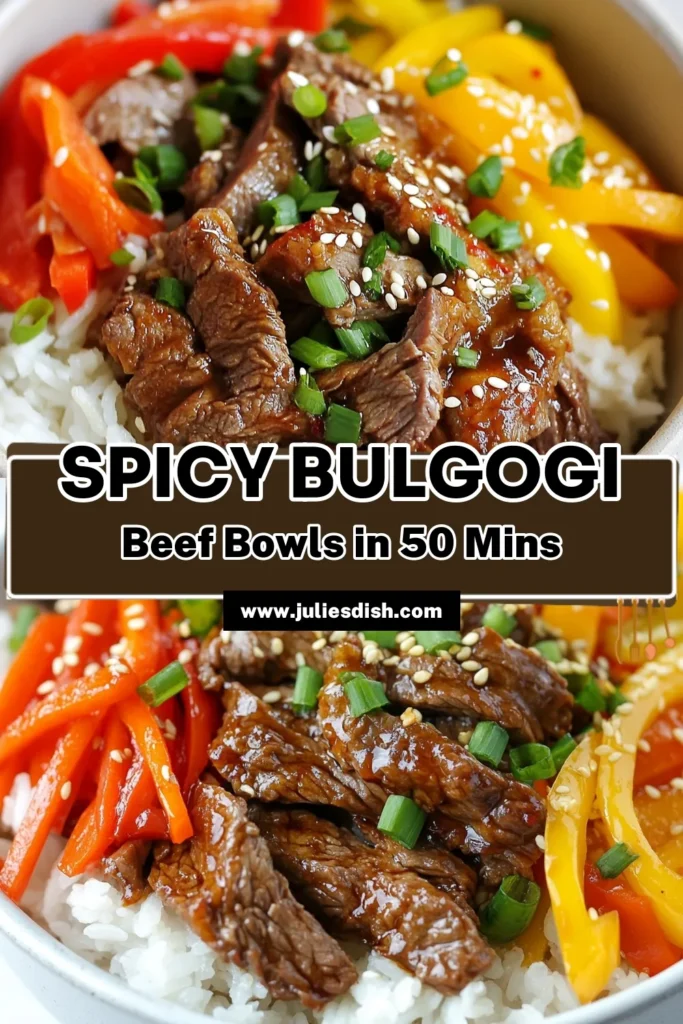 Indulge in these Spicy Korean Bulgogi Beef Bowls that bring the flavors of a Gochujang beef recipe to your table! This easy bulgogi recipe features tender bulgogi beef stir-fry with vibrant veggies and served over rice. Perfect for weeknight dinners or meal prep, these flavorful Bulgogi beef bowls are sure to impress. Try this simple recipe today and elevate your cooking! Save for later! #KoreanBeef #Bulgogi #EasyRecipes #SpicyFood