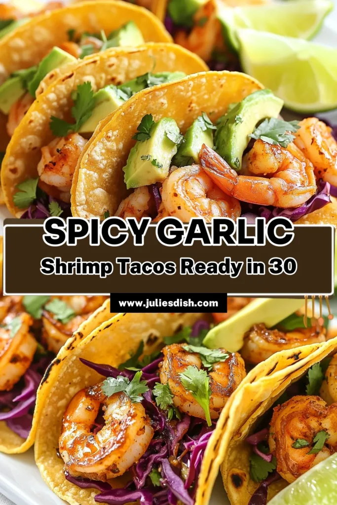 Indulge in these Spicy Garlic Shrimp Tacos for a delicious twist on your taco night! This easy shrimp taco recipe features perfectly marinated shrimp cooked to perfection, topped with fresh avocado and crunchy cabbage. Perfect for a quick meal, these Spicy Shrimp Tacos Recipe will elevate your dinner. Don't miss out on this flavor-packed dish! Save this Spicy Garlic Shrimp Tacos recipe now and impress your family! #ShrimpTacos #TacosWithAvocado #EasyShrimpTacos #SpicyTacos