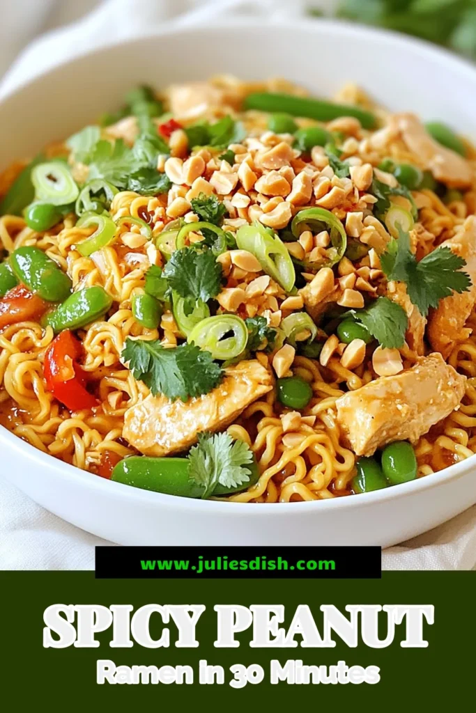 Create a quick and delicious dinner with this Spicy Peanut Chicken Ramen recipe! This easy ramen recipe combines tender chicken, spicy ramen noodles, and creamy peanut butter for a mouthwatering meal. Perfect for busy nights, this peanut butter chicken ramen is ready in just 30 minutes. Don’t miss out on this flavorful and satisfying dish! Save and share this recipe today! #SpicyRamen #EasyRamenRecipes #QuickChickenRamen #PeanutButterChickenRamen
