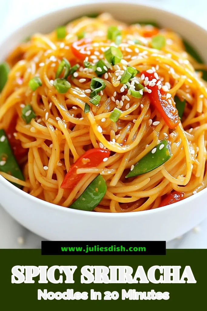 Spice up your dinner with these delicious spicy sriracha noodles! This quick stir-fry recipe featuring rice noodles is not only easy to make but also a flavorful vegetarian noodle dish that everyone will love. In just 20 minutes, you can enjoy a dish packed with vibrant veggies and a delightful kick from Sriracha. Perfect for busy weeknights, this easy Asian noodles recipe is a must-try! Save it for later! #SpicySrirachaNoodles #QuickStirFry #VegetarianNoodles #EasyAsianNoodles
