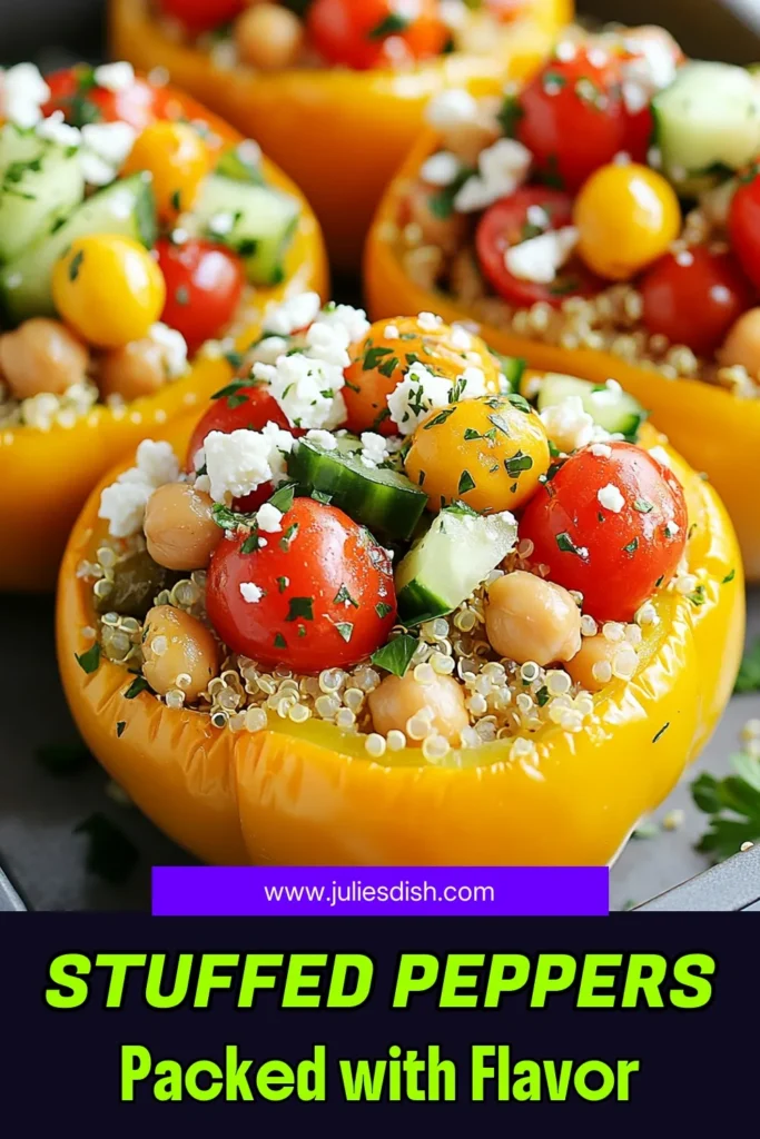 Discover the vibrant flavors of Mediterranean stuffed peppers with this easy vegetarian bell pepper recipe! Packed with healthy ingredients like quinoa, chickpeas, and feta cheese, these quinoa stuffed peppers are not only delicious but also make a wholesome meal. Perfect for a nutritious dinner or meal prep, try these chickpea and quinoa stuffed peppers today! Save this healthy Mediterranean recipe for later and enjoy a burst of flavor on your plate. #MediterraneanStuffedPeppers #QuinoaStuffedPeppers #VegetarianRecipes #HealthyMeals