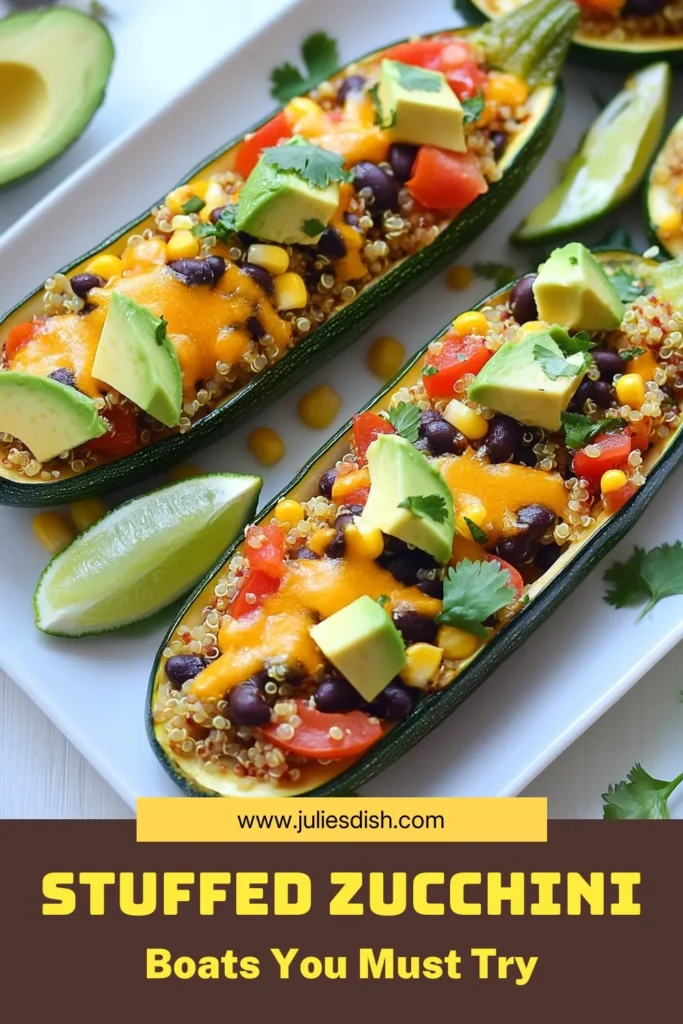 Discover a delicious and healthy stuffed zucchini recipe with these Tex Mex stuffed zucchini boats! Packed with quinoa, black beans, and fresh veggies, these cheesy stuffed zucchini boats are a mouthwatering vegetarian option. Perfect for a nutritious lunch or dinner, this quinoa black bean zucchini boats recipe will leave everyone satisfied. Try this easy recipe today and bring flavor to your table! #TexMex #Vegetarian #HealthyRecipes #ZucchiniBoats