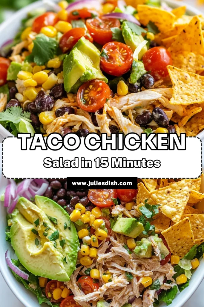 Looking for a delicious and quick lunch? Try this healthy taco chicken salad! Packed with shredded chicken, black beans, cherry tomatoes, and avocado, this easy chicken salad recipe is not only nutritious but also satisfying. Perfect for busy days, this loaded taco salad recipe can be made in just 15 minutes. Save this quick lunch salad for a nutritious meal that your taste buds will love! #HealthyTacoChickenSalad #ChickenSaladRecipe #NutritiousSalad #QuickLunchSalad