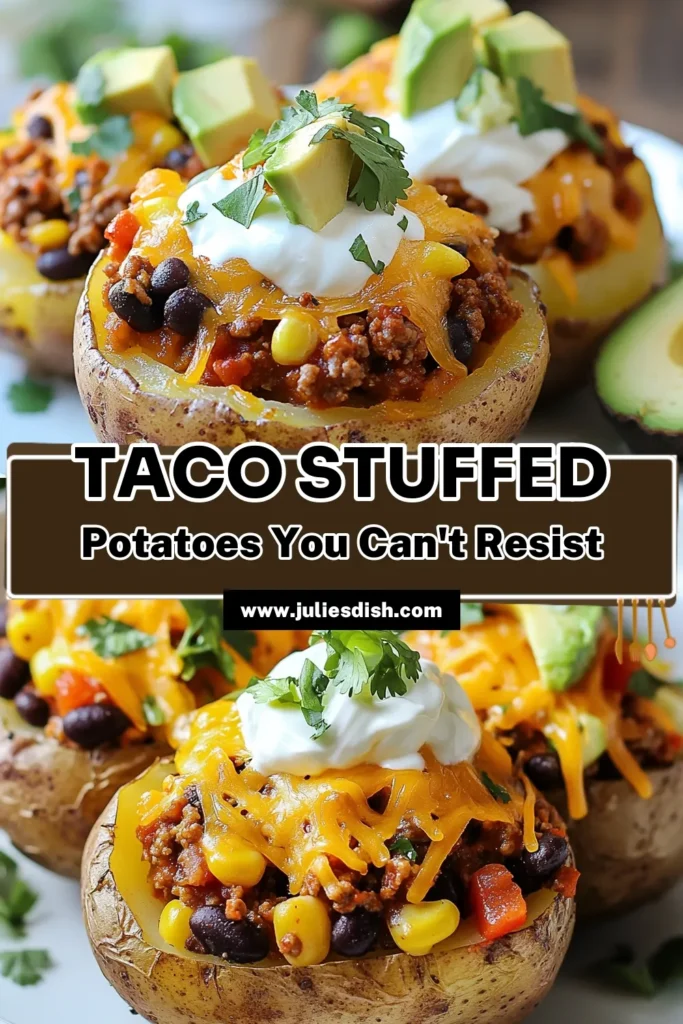Looking for a delicious dinner idea? Try this Cheesy Taco Potatoes recipe! These stuffed baked potatoes combine tender russet potatoes with seasoned ground beef or turkey, black beans, corn, and melted cheddar cheese for a quick potato recipe perfect for any night. Top it off with sour cream and avocado for a satisfying ground beef potato dish everyone will love. Save the recipe and enjoy flavorful meals tonight! #CheesyTacoPotatoes #StuffedBakedPotatoes #QuickPotatoRecipes #GroundBeefPotatoDish