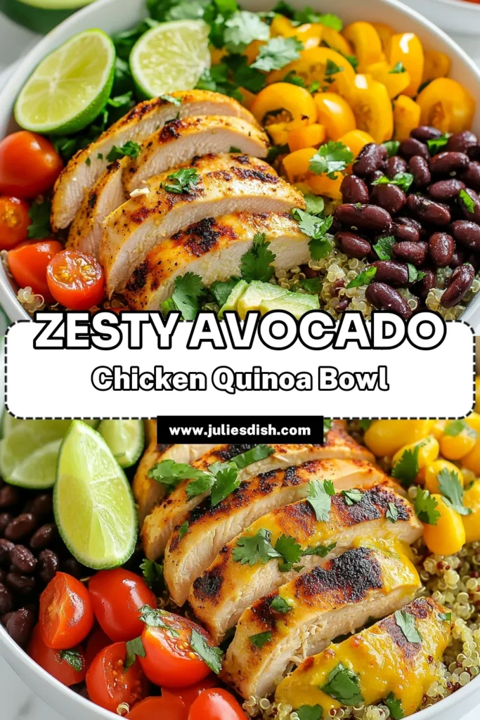 Discover a refreshing take on healthy eating with this cilantro lime quinoa salad featuring juicy chicken and vibrant veggies. This chicken quinoa recipe combines tender quinoa with black beans, bell peppers, cherry tomatoes, and creamy avocado for a nutritious boost. Perfect as a light meal or a side dish, this avocado chicken salad is packed with flavor. Save this recipe for your next healthy meal! #CilantroLimeQuinoaSalad #HealthyEating #ChickenQuinoaRecipe #AvocadoSalad