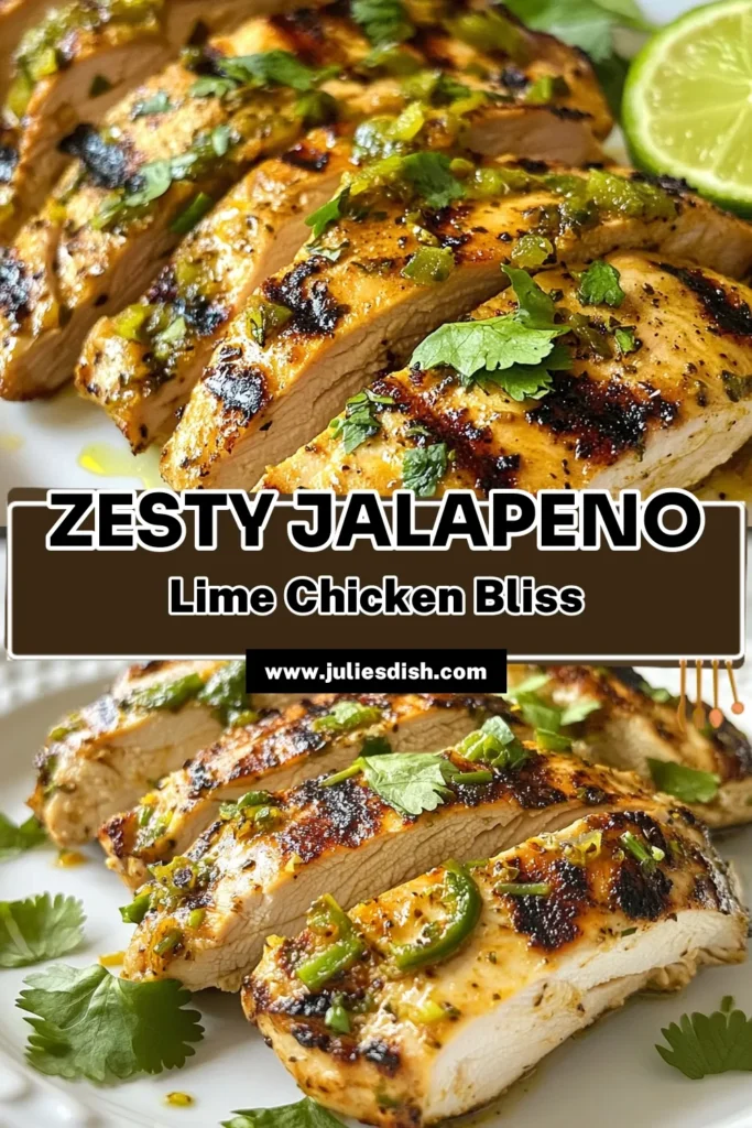 Elevate your dinner with this zesty jalapeño chicken that’s bursting with flavor! This lime chicken recipe features a delicious grilled chicken marinade combining spicy jalapeños, fresh lime juice, and garlic, perfect for juicy spicy chicken breasts. Try this cilantro lime chicken for a crowd-pleasing meal that will have everyone coming back for seconds. Save this recipe for a tasty twist on grilled chicken! #JalapeñoChicken #GrilledChicken #SpicyChickenBreast #LimeChickenRecipe