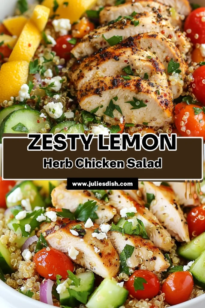 Looking for a fresh and healthy meal? Try this delicious Lemon Herb Quinoa Chicken Salad! Packed with protein and flavor, this quinoa salad recipe is perfect for lunch or dinner. Enjoy the zesty taste of lemon in this healthy chicken quinoa salad. With Mediterranean vibes, it’s your go-to lemon quinoa chicken recipe. Make it today and savor the taste of wholesome ingredients! Save this recipe for later! #quinoasaladrecipe #lemonherbchickensalad #healthychickenquinoasalad #Mediterraneanquinoasalad
