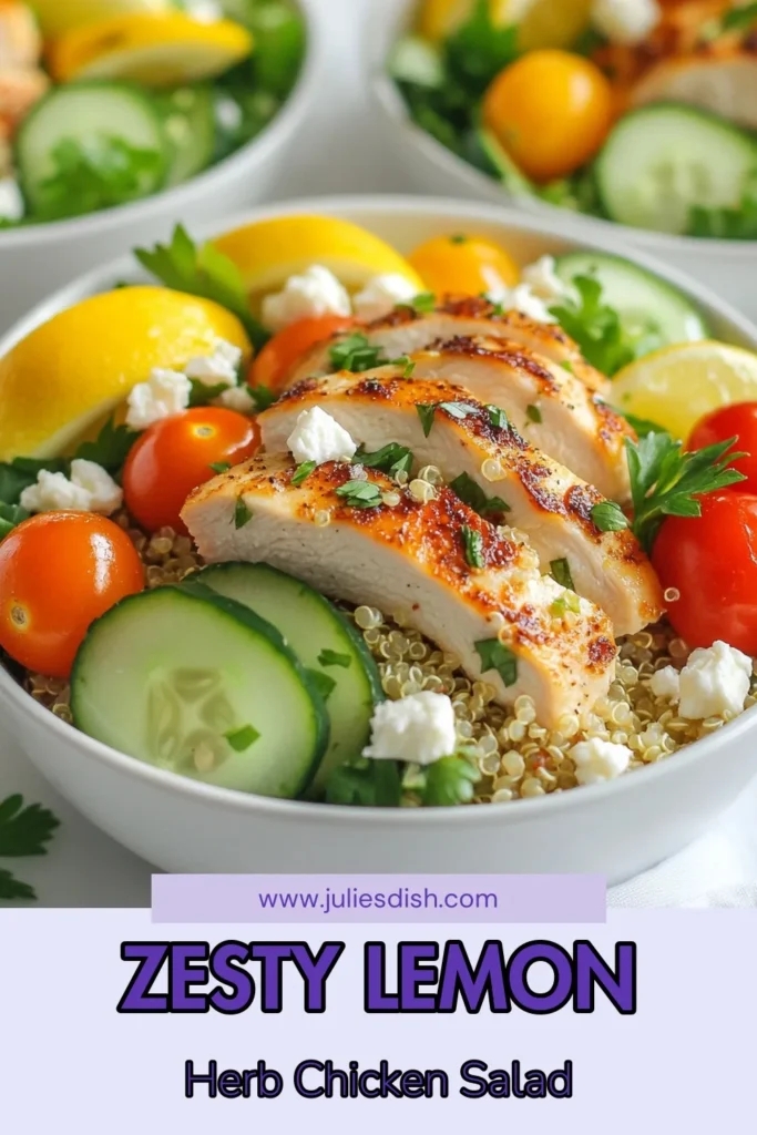 Looking for a fresh and nutritious meal? Try this delicious Lemon Herb Quinoa Chicken Salad! This healthy quinoa chicken salad combines tender chicken and fluffy quinoa with mixed greens, cherry tomatoes, and feta for a Mediterranean twist. Perfect for meal prep or a quick lunch, this chicken quinoa salad recipe is both satisfying and flavorful. Don't miss out—save this quick quinoa salad recipe for your next meal! #QuinoaSalad #HealthyEating #MediterraneanDiet #RecipeInspo