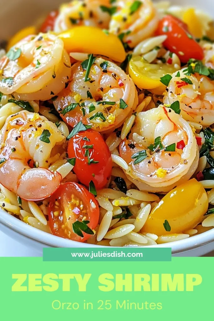 Looking for a quick and delicious dinner? Try this One-Pan Lemon Garlic Shrimp Orzo! This zesty shrimp pasta recipe combines tender shrimp with orzo pasta, cherry tomatoes, and spinach for a satisfying meal. Perfect for busy nights, this Easy Lemon Garlic Pasta is packed with flavor and comes together in just 25 minutes. Save this recipe for your next quick shrimp dinner! #LemonGarlicShrimpOrzo #QuickShrimpDinner #OnePanOrzoRecipe #ZestyShrimpPastaRecipe
