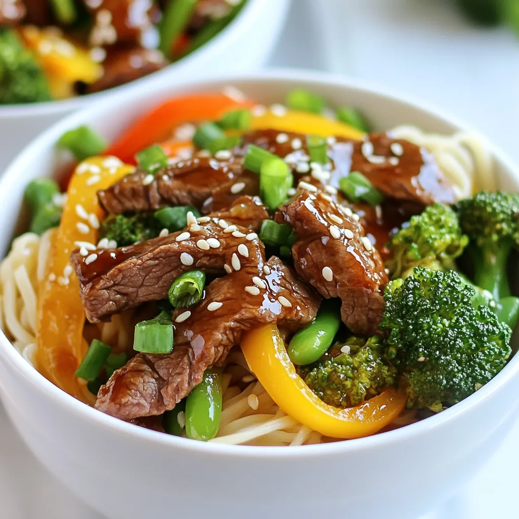 - 1 lb beef sirloin, thinly sliced - 8 oz rice noodles - 1 cup broccoli florets - 1 bell pepper, sliced (any color) - 1 cup snap peas - 3 tablespoons soy sauce - 2 tablespoons honey - 1 tablespoon rice vinegar - 1 tablespoon sesame oil - 2 cloves garlic, minced - 1 teaspoon fresh ginger, grated - 3 green onions, chopped - 1 tablespoon sesame seeds - Salt and pepper to taste When making teriyaki beef noodle bowls, I focus on fresh and simple ingredients. The beef sirloin is lean and tender, making it perfect for quick cooking. Rice noodles are a fantastic base; they soak up flavors well. The mixed vegetables not only add color but also bring crunch and nutrition. The teriyaki sauce is easy to whip up. Just combine soy sauce, honey, rice vinegar, and sesame oil. This blend gives the dish its sweet and savory kick. The seasonings, like garlic and ginger, elevate the flavor. Topping with green onions and sesame seeds adds a nice touch, making each bowl look and taste great. Using quality ingredients makes a difference. It can turn a simple dish into something special. I always recommend sourcing fresh vegetables and high-quality beef. This way, your teriyaki beef noodle bowls will shine in flavor and presentation. {{ingredient_image_1}} - Boil water in a pot. Add the rice noodles and cook per the package. - Once done, drain the noodles. Rinse them under cold water to stop cooking. - To prevent stickiness, toss the noodles with a little sesame oil. - Heat sesame oil in a large skillet over medium-high heat. - Add the sliced beef to the pan. Season with salt and pepper for great flavor. - Sear the beef for about 3-5 minutes until browned. Remove it and set aside. - In the same skillet, add minced garlic and grated ginger. Cook for about 30 seconds. - Now add broccoli, bell pepper, and snap peas. Stir-fry for 5-7 minutes. - Cook until veggies are tender-crisp for the best texture. - In a small bowl, mix soy sauce, honey, and rice vinegar. Whisk them until smooth. - Pour the sauce over the cooked vegetables in the skillet. Stir well for even coverage. - Taste the sauce and adjust flavors if needed by adding more honey or vinegar. - Return the cooked beef to the skillet. Toss everything together until heated through. - Gently add the rice noodles. Stir to coat the noodles and beef with the sauce. - Adjust seasoning with extra salt and pepper if needed for flavor. - Serve the teriyaki beef noodle bowls in wide, deep bowls. - Garnish with chopped green onions and sesame seeds for a nice touch. - You can also add chili flakes for a bit of heat or extra crunch. High heat is key for stir-frying. This helps the beef sear well and keeps it juicy. When you add your beef to the pan, don’t crowd it. Cook in batches if needed. This way, it cooks evenly. For veggies, stir-fry quickly to keep them bright and crisp. To avoid overcooked vegetables, keep an eye on the timing. Cook them just until tender but still crisp. This usually takes 5-7 minutes. You want that nice crunch, not mush. You can swap beef sirloin for chicken, shrimp, or tofu. Each option offers a new taste. For noodles, try soba, udon, or even zucchini noodles. These swaps keep the dish fresh and exciting. If you want more veggies, consider adding carrots, mushrooms, or bok choy. Each brings its own flair and health benefits. To boost flavors, think about adding spices like crushed red pepper or five-spice powder. These can give the dish a nice kick. Fresh herbs like cilantro or basil can also add brightness. For texture, add toppings like crushed peanuts or fried shallots. They create a nice crunch and complement the soft noodles and beef. Pro Tips Slice Against the Grain: For tender beef, always slice the sirloin against the grain. This technique breaks down the muscle fibers, resulting in a softer texture. Customize Your Veggies: Feel free to swap in your favorite vegetables! Carrots, zucchini, or bok choy can add variety and color to your dish. Marinate for Extra Flavor: If time allows, marinate the beef in soy sauce, garlic, and ginger for 30 minutes before cooking. This enhances the flavor profile of your dish. Serve with Fresh Herbs: Garnish your noodle bowls with fresh herbs like cilantro or basil for a pop of freshness that complements the rich teriyaki sauce. {{image_2}} For a tasty vegetarian twist, I suggest using tofu or tempeh instead of beef. Both options soak up flavor well. - Tofu: Press it to remove excess water. Cut it into cubes before cooking. - Tempeh: Slice it thinly for a chewy texture that mimics beef. When making the teriyaki sauce, swap the soy sauce for a vegetarian-friendly option. Some brands offer mushroom soy sauce, which adds depth. You can also use tamari for a gluten-free choice. If you need a gluten-free meal, you can easily adjust the dish. Use rice noodles; they are naturally gluten-free and work well here. - Noodle choices: Look for brands that specify gluten-free on the package. - Sauce alternatives: Instead of regular soy sauce, try gluten-free tamari. It has a similar taste without gluten. If you love spice, you can amp up the heat in your teriyaki beef noodle bowls. - Spicy teriyaki sauce: Add a pinch of red pepper flakes or a splash of sriracha. Mix it in when you combine the sauce and vegetables. - Spicy vegetables: You can toss in sliced jalapeños or serrano peppers while stir-frying. These will bring a fresh heat. Feel free to adjust the spice level to fit your taste! You can store teriyaki beef noodle bowls in the fridge for 3-4 days. Make sure the dish cools down before placing it in the fridge. Use shallow containers to help it cool faster. Cover the bowls tightly to keep the flavors fresh. To freeze the teriyaki beef noodle bowls, let them cool completely. Place the dish in freezer-safe containers, leaving space for expansion. You can freeze it for up to 3 months. To reheat, defrost overnight in the fridge. Warm it in a skillet over low heat. Stir occasionally to prevent sticking. If you want to make meals ahead of time, prepare the beef and veggies in advance. You can cook the rice noodles fresh when you are ready to eat. Store the beef and veggies in separate containers. Use airtight containers to keep everything fresh. This way, you can enjoy a quick meal on busy weeknights. The best cut of beef is beef sirloin. It is tender and flavorful. You can also try flank steak or ribeye. Both cuts work well and add great taste. Make sure to slice the beef thinly. This helps it cook evenly and soak up the sauce. Yes, you can use other noodles. Rice noodles are great, but try soba or udon. Egg noodles also work well in this dish. Just cook them according to the package. Each type of noodle adds a different texture and flavor. To lower the sodium, use low-sodium soy sauce. You can also add more honey for sweetness. Another option is to mix in some water with the sauce. This dilutes the saltiness while keeping the flavor. Good side dishes include steamed rice, edamame, or a simple salad. You could also serve pickled vegetables for a nice crunch. These sides balance out the rich flavors of the teriyaki dish. To add heat, mix in red pepper flakes or sriracha. You can also use spicy sesame oil for a kick. If you like fresh ingredients, chop jalapeños or add sliced chili peppers. Adjust the spice to fit your taste. Yes, this dish is great for meal prep. Cook and store it in separate containers. Keep the noodles and beef with the sauce together. Add fresh veggies right before serving. This keeps them crisp and tasty. Teriyaki beef noodle bowls are tasty and easy to prepare. We covered the main ingredients, from beef sirloin to rice noodles and vibrant veggies. You learned how to cook each part step-by-step, including the key techniques for flavorful results. Remember, you can customize the dish to fit dietary needs, whether vegetarian or gluten-free. Storing leftovers is simple, too. Embrace these tips and make this dish your own! Enjoy cooking and experimenting with flavors in your kitchen.