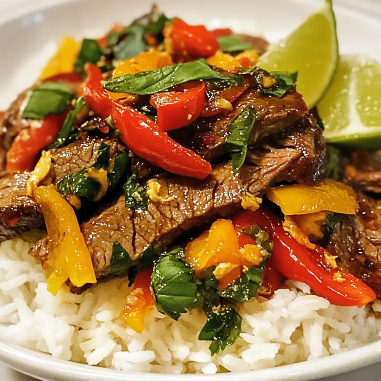 - 1 lb (450g) flank steak, thinly sliced - 2 cups fresh Thai basil leaves - 3 tablespoons soy sauce - 1 tablespoon oyster sauce - 1 tablespoon fish sauce - 1 tablespoon brown sugar The flank steak is the star of this dish. It cooks quickly and is very tender. The fresh Thai basil adds a unique flavor that makes the dish stand out. The sauces and brown sugar create a perfect balance of salty and sweet. - 1 bell pepper, sliced (red or green) - 2 red chilies, sliced (adjust for spice preference) - Additional spices Adding bell peppers gives the dish extra color and crunch. Red chilies bring heat, so adjust them to your taste. You can also throw in some extra spices if you want more flavor. - Cooked jasmine rice - Lime wedges for garnish - Extra basil leaves Serving the beef over jasmine rice helps soak up the delicious sauce. Lime wedges add a tangy kick. Extra basil leaves on top make the dish look fresh and bright. {{ingredient_image_1}} - Slicing the flank steak: Begin by slicing the flank steak thinly. Aim for 1/4 inch thick slices. This helps the meat cook fast and stay tender. - Mince the garlic and slice chilies: Next, mince four cloves of garlic. Then, slice two red chilies. If you prefer less heat, use fewer chilies or remove the seeds. - Heating the skillet and oil: Heat two tablespoons of vegetable oil in a large skillet over high heat. When the oil shimmers, it’s ready. - Sautéing garlic and chilies: Add the minced garlic and sliced chilies to the hot oil. Sauté them for 30 seconds until they smell great. - Searing the beef and cooking vegetables: Quickly add the sliced flank steak. Spread it out in a single layer and let it sear for 1-2 minutes. Then, stir-fry for another 2-3 minutes until browned. Remove the beef and set aside. Add one tablespoon of oil to the skillet. Toss in a sliced bell pepper and stir-fry for 1-2 minutes until it's slightly tender but still crisp. - Mixing sauces and returning beef to pan: Return the beef to the skillet. Pour in three tablespoons of soy sauce, one tablespoon of oyster sauce, one tablespoon of fish sauce, and one tablespoon of brown sugar. Stir everything well to coat the beef and vegetables. - Adding Thai basil and serving: Toss in two cups of fresh Thai basil leaves. Stir until they wilt, about 30 seconds. Serve your Spicy Thai Basil Beef over cooked jasmine rice. Enjoy with lime wedges and extra basil for garnish. To make Spicy Thai Basil Beef truly shine, use high-quality sauces. Good soy sauce and fish sauce make a big difference. They give depth and umami to your dish. Adjust spice levels based on your taste. If you love heat, add more chilies. If you prefer milder flavors, use fewer. Cook over high heat. This helps the meat sear quickly and keeps it tender. When stir-frying, timing is key. Sear the beef for just 1-2 minutes before stirring. This step locks in the juices and keeps the meat from getting tough. Stir-fry the veggies just until they are slightly tender. This keeps them crunchy and bright. Plating matters! Serve your beef over a bed of jasmine rice. This adds a nice contrast. Use a large spoon to create a nice mound. Garnish with lime wedges and extra basil leaves. This not only looks pretty but adds fresh flavor. A colorful dish is always more inviting! Pro Tips Choose the Right Cut: Flank steak is ideal for stir-frying due to its tenderness and flavor. Make sure to slice it against the grain for the best texture. Adjust Spice Level: Control the heat by adjusting the number of red chilies used. For a milder version, you can remove the seeds or use fewer chilies. Fresh Basil is Key: Always use fresh Thai basil for the best flavor. It adds a unique aromatic quality that dried herbs cannot replicate. Don’t Overcook the Vegetables: To maintain a crispy texture, stir-fry the bell peppers until just tender. They should still have a bit of crunch when served. {{image_2}} You can easily swap the beef for chicken or pork. Thin slices of chicken breast work great here. They cook quickly and soak up all the flavor. If you prefer pork, look for tender cuts like pork loin. For a vegetarian option, use tofu. Firm tofu absorbs flavors well and adds protein. Just press it to remove extra moisture before cooking. Want to add more crunch? Toss in some sliced carrots or snap peas. They add color and texture. You can also try different herbs. If you can’t find Thai basil, basil or mint will work. Each herb gives a unique twist to the dish. You can make this dish gluten-free by using tamari instead of soy sauce. This soy sauce alternative has the same rich taste but no gluten. For a low-carb version, skip the brown sugar and serve it over cauliflower rice. This keeps the meal light without losing flavor. To store your Spicy Thai Basil Beef, let it cool first. This helps keep food safe. Use an airtight container to keep it fresh. Place the beef in the fridge. It stays good for up to three days. If you want to keep it longer, freeze it. Use freezer bags to save space. Remove as much air as possible before sealing. Label your bags with the date. When you're ready to eat, reheat the beef. The best way is to use a skillet. Heat it over medium heat. Add a splash of water or broth to keep it moist. Stir it often to heat evenly. This keeps the beef tender. You can also use the microwave. Place it in a bowl and cover it. Heat for 1-2 minutes, checking often. Meal prep can save time during busy days. You can freeze portions of Spicy Thai Basil Beef. Divide it into serving sizes. This way, you can pull out just what you need. Pair it with jasmine rice or veggies for a full meal. You can also use it in wraps or salads. Mixing it with different grains adds variety to your meals. If you cannot find Thai basil, you can use other herbs. Sweet basil is a good choice. It has a milder flavor. You can also try using mint or cilantro. These herbs add fresh notes but taste different. They will change the dish's flavor, but it will still be tasty. The spiciness of Spicy Thai Basil Beef can vary. You can adjust it by adding or reducing chilies. For less heat, use fewer red chilies or remove the seeds. If you love spice, add more chilies or use hotter peppers. This dish can suit all spice levels! Yes, you can make this dish ahead of time. Store leftovers in an airtight container in the fridge. It will last about three days. To reheat, use a pan on medium heat. Add a splash of water to keep it moist. Enjoy it with fresh rice for a quick meal. We've covered how to make Spicy Thai Basil Beef. You learned about the main ingredients like flank steak and Thai basil. I provided step-by-step instructions for prepping and cooking the dish. We discussed tips for great flavors and ways to present your meal well. Variations and storage options also help you adapt the recipe to your taste. Ultimately, this dish is simple, tasty, and versatile. Enjoy making it your own!